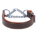 Adjustable PADDED Half check / Martingale Leather Dog Collar - Brown with Tan Lining. (Stainless Steel Chain)